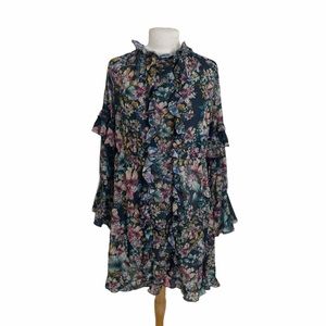H&M Dark Floral Sheer Chiffon Ruffle Trim Dress Boho Black Long Sleeve Women's 4